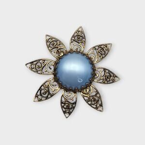 Blue Moonglow Cabochon Floral Brooch Gold Filigree - Mid Century Glam